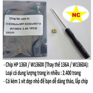 Chíp HP 136X, W1360X, 136a, M211d, M211dw, M236dw, M236sdw, m209dwe, m209dw, m233dw, m233 sdw, m234sdw, 234dw